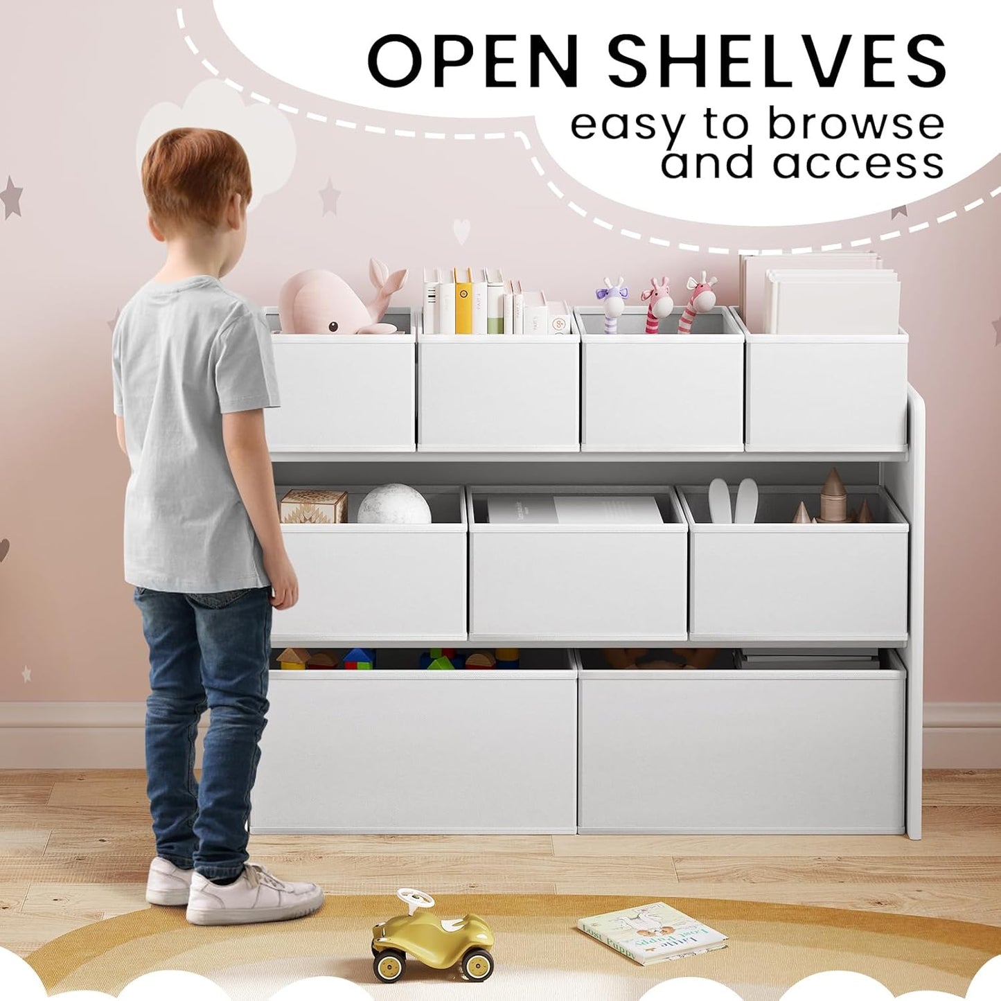 Kinder-Aufbewahrungsregal mit 9 Boxen, Weiß 92x30x60/68cm