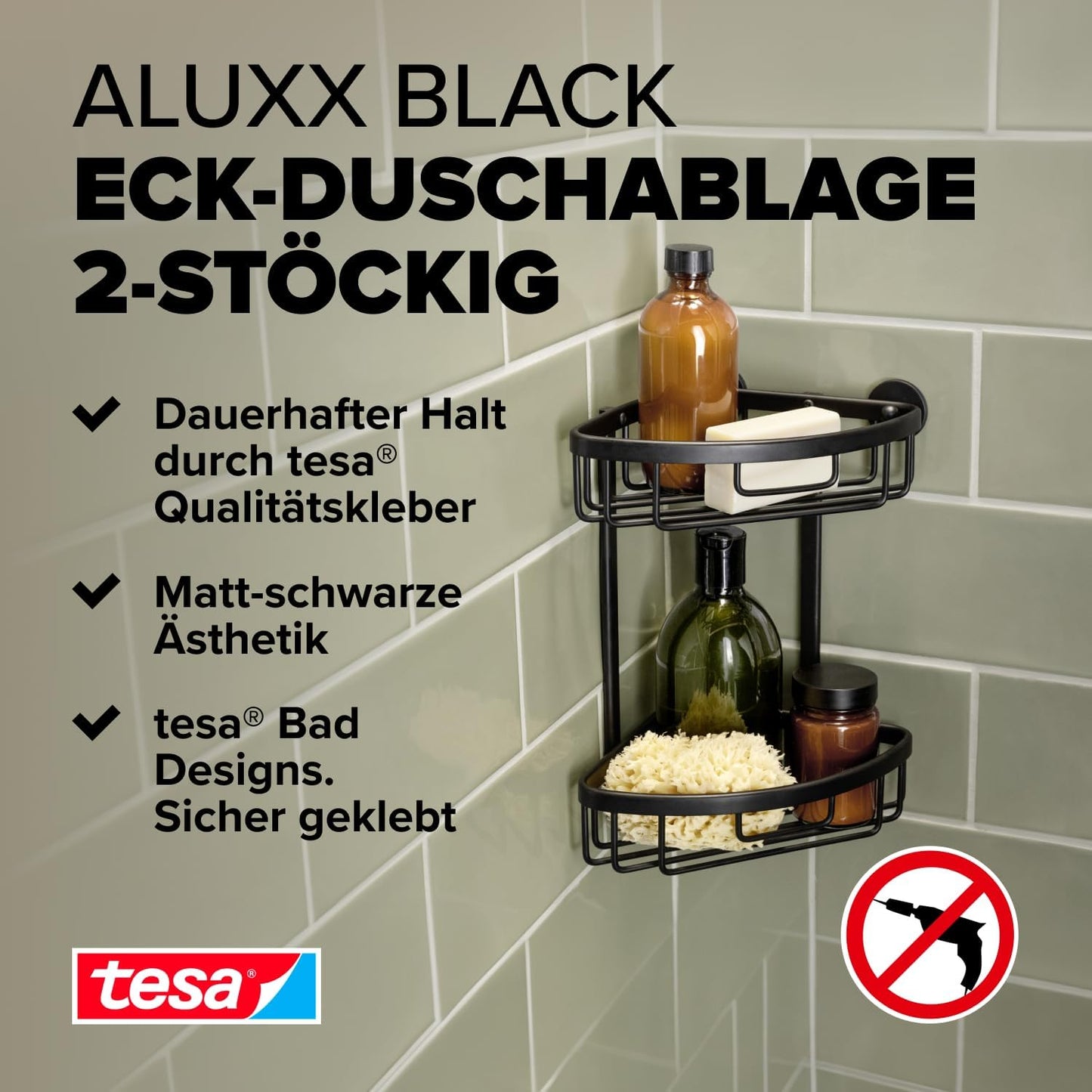ALUXX BLACK Eck-Duschkorb inkl. Klebelösung ohne Bohren, Eck-Duschablage (Doppel)