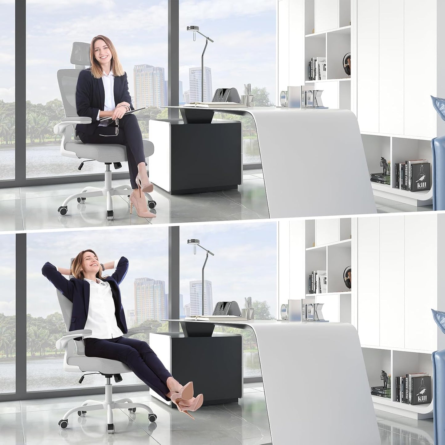 Ergonomischer Schreibtischstuhl mit Lordosenstütze, Grau 2 Mit Kopfstütze