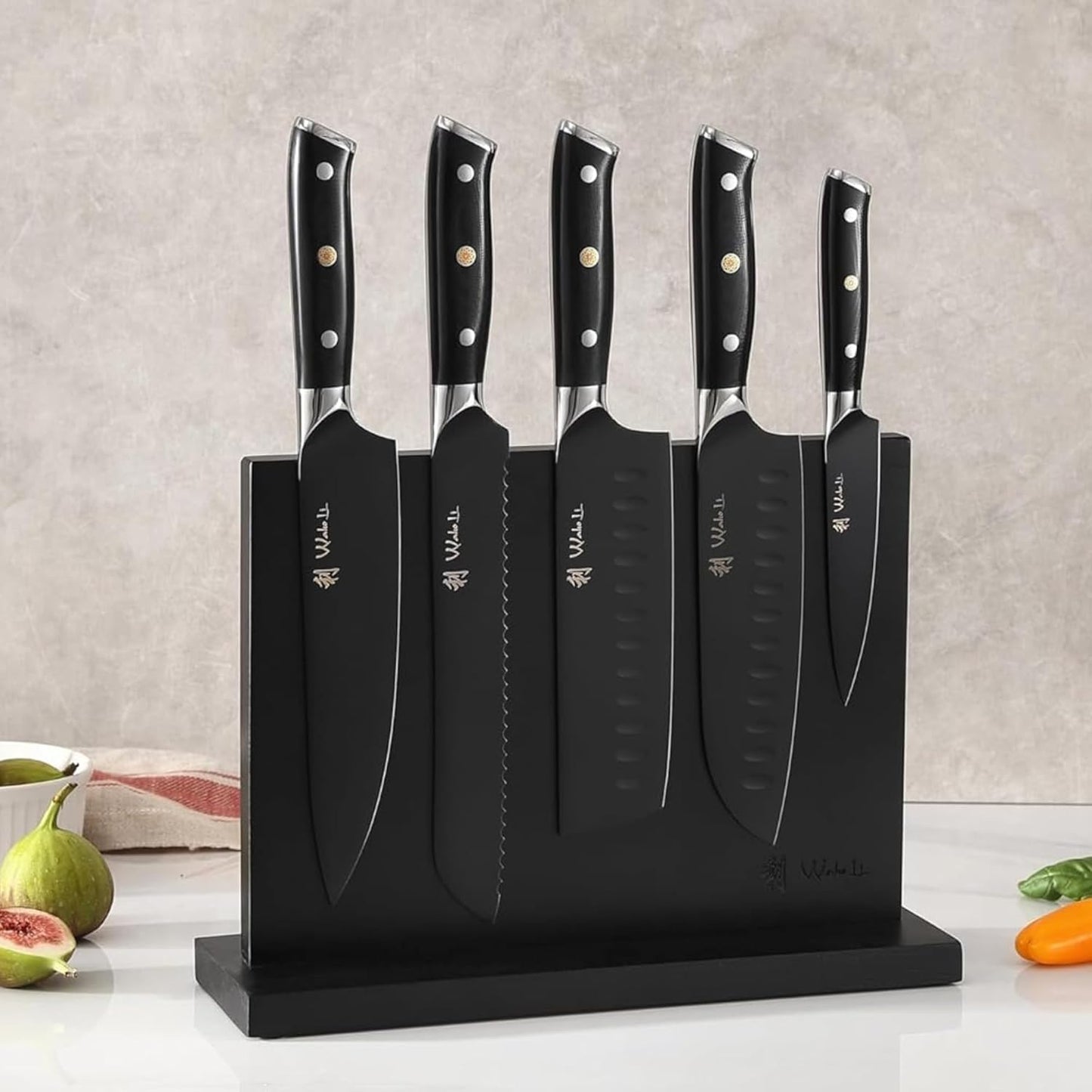 Titanium Noir Küchenmesser-Set mit magnetischem Messerblock, 5er Set mit Block