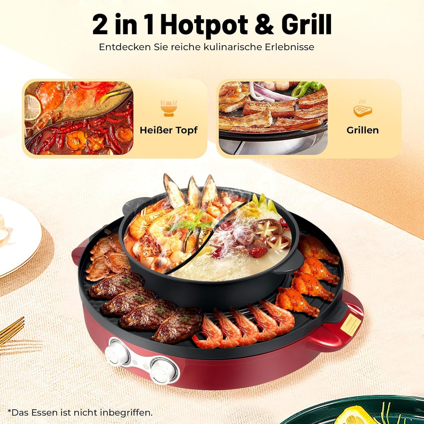 Elektrischer Hot Pot & Grill 2-in-1, Rot