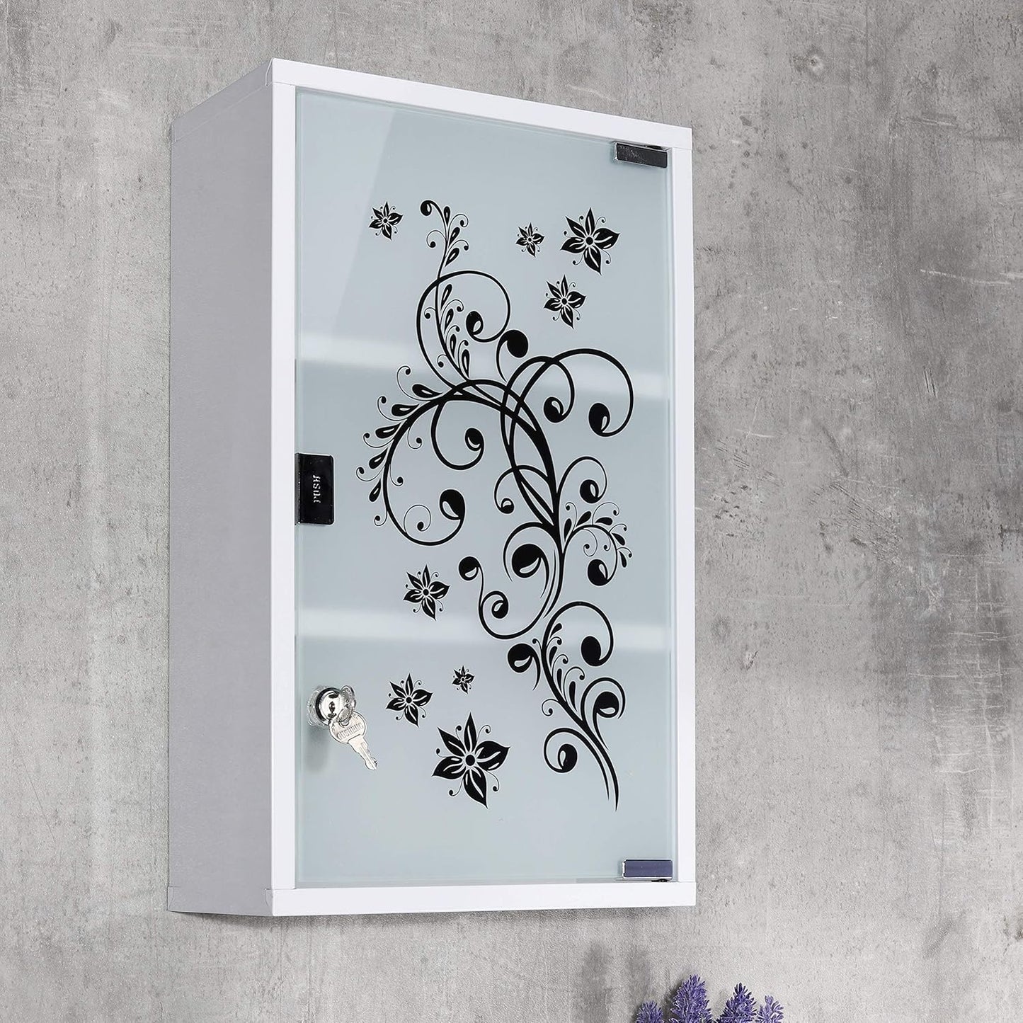 Abschliessbarer Medizinschrank mit Glastür und Schloss, Blumen