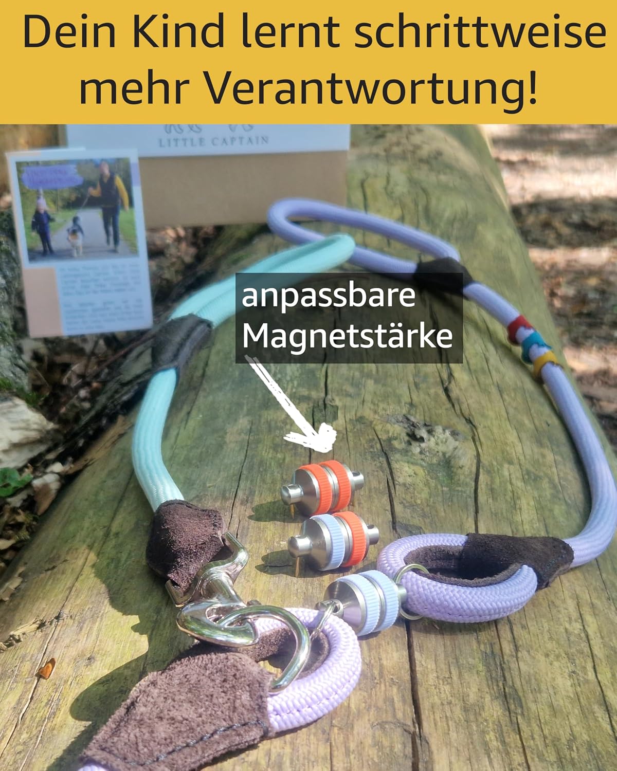 Kindersichere Hundeleine mit Magnetschlaufe, 65cm + 70cm (Kinderschl.) und 54cm (Elternschl.) / Flieder Lila - Mint