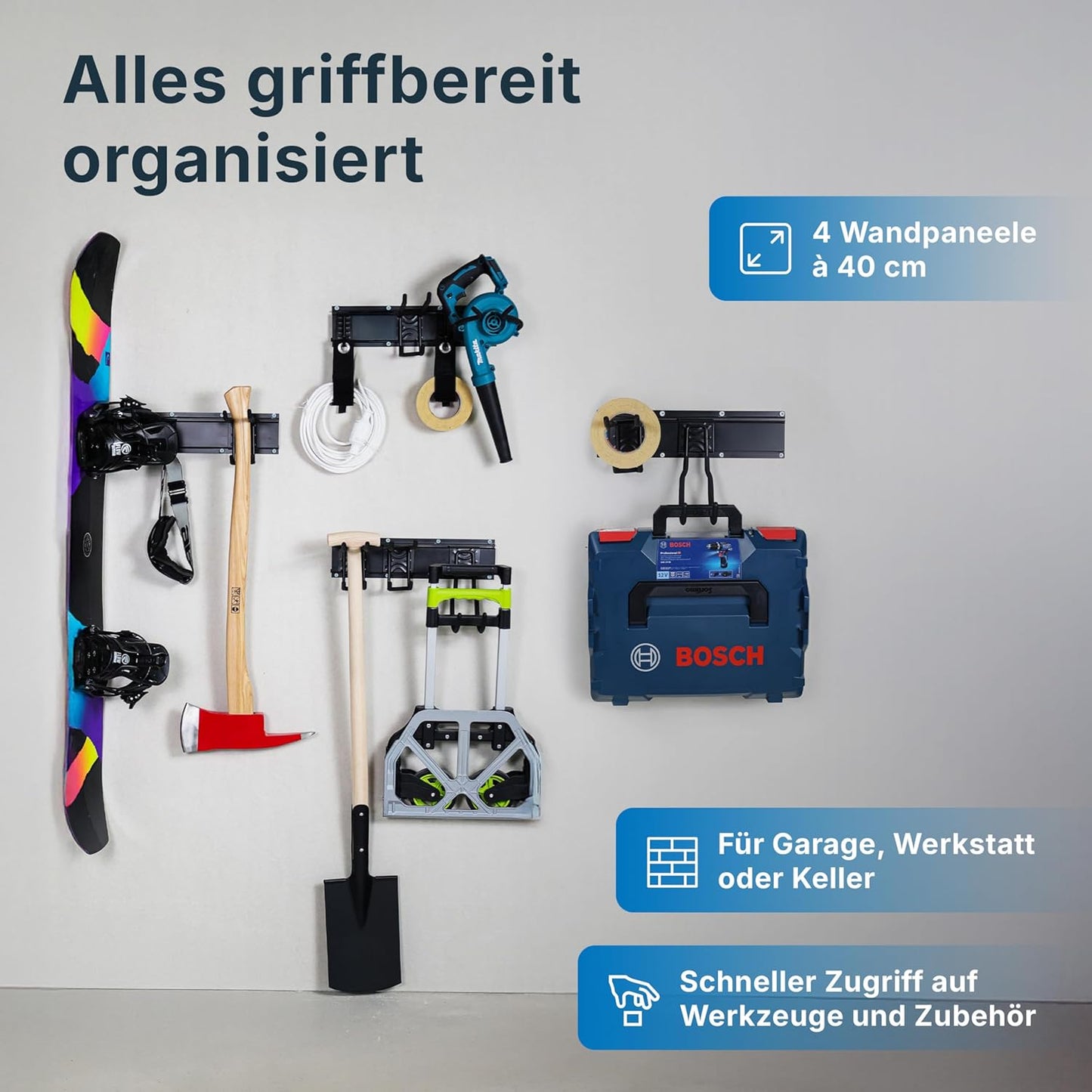Werkzeug-Wandhalterung mit 12 Haken & 4 Schienen, 4 Paneele, 12 Haken