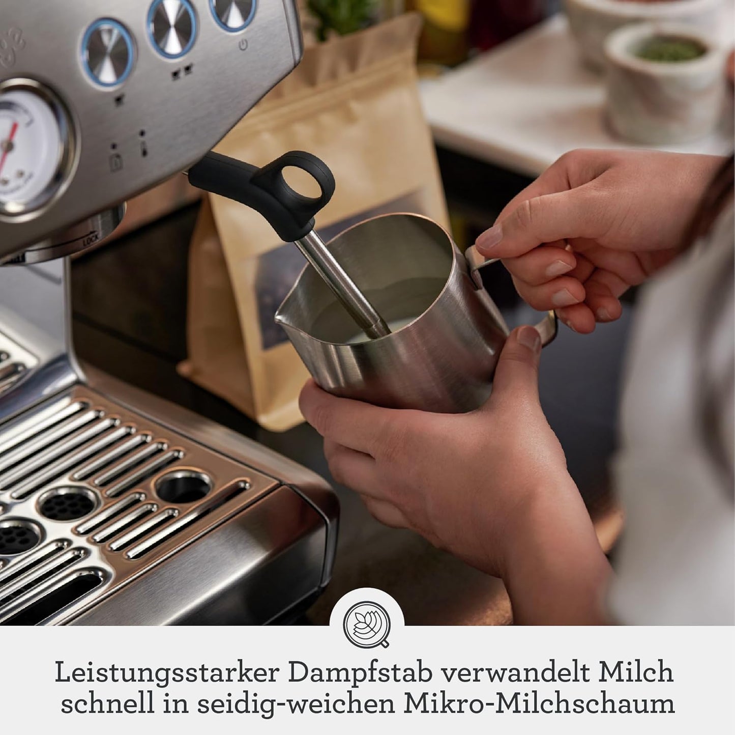 Espressomaschine mit manuellem Milchaufschäumer & Mahlwerk, Gebürsteter Edelstahl