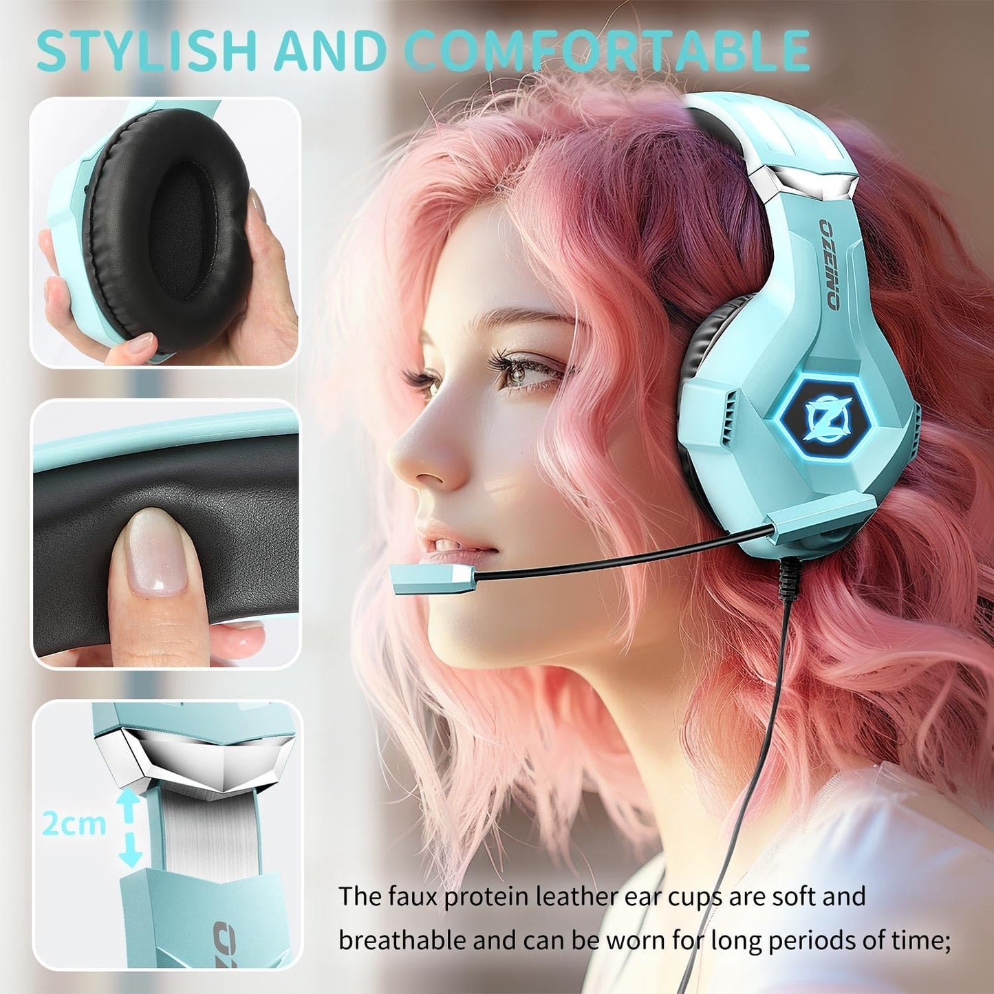 Gaming Headset mit Mikrofon und 3D Surround Sound, hellblau