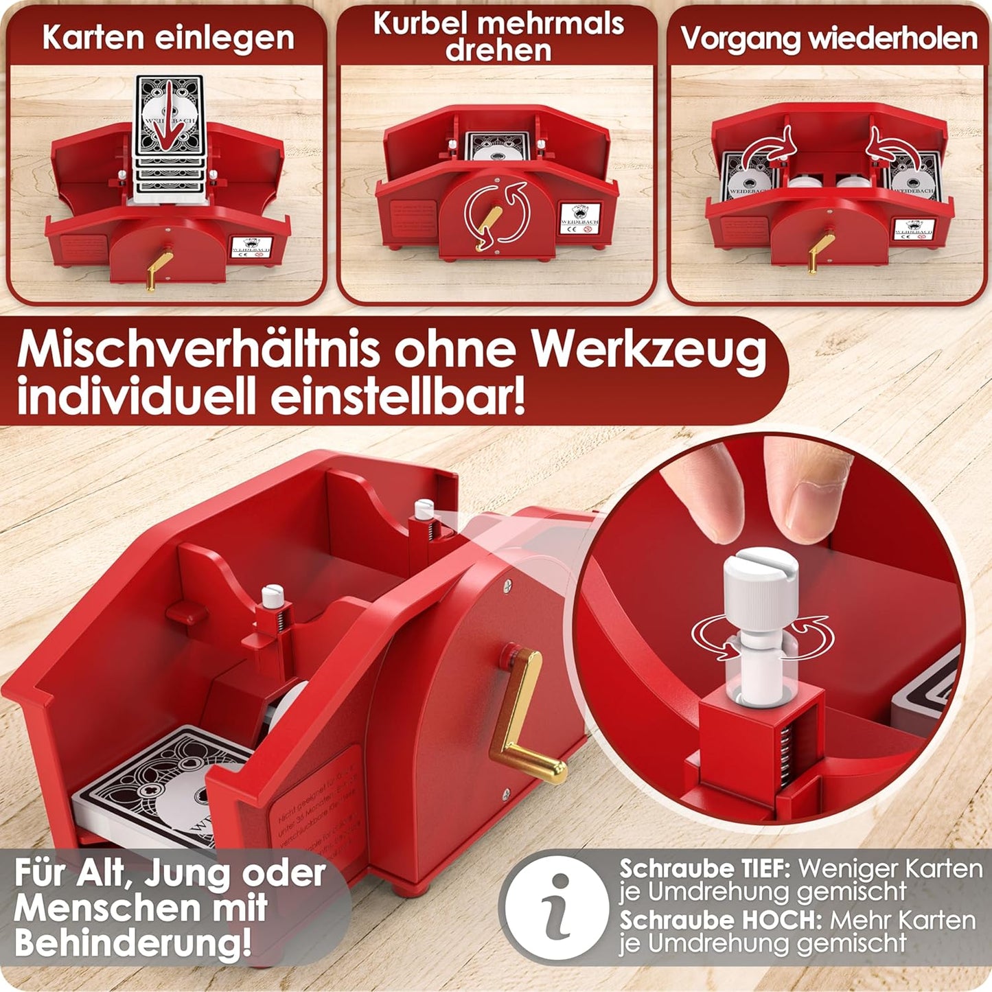 Kartenmischmaschine mit Kurbel & Kartenset, Rot