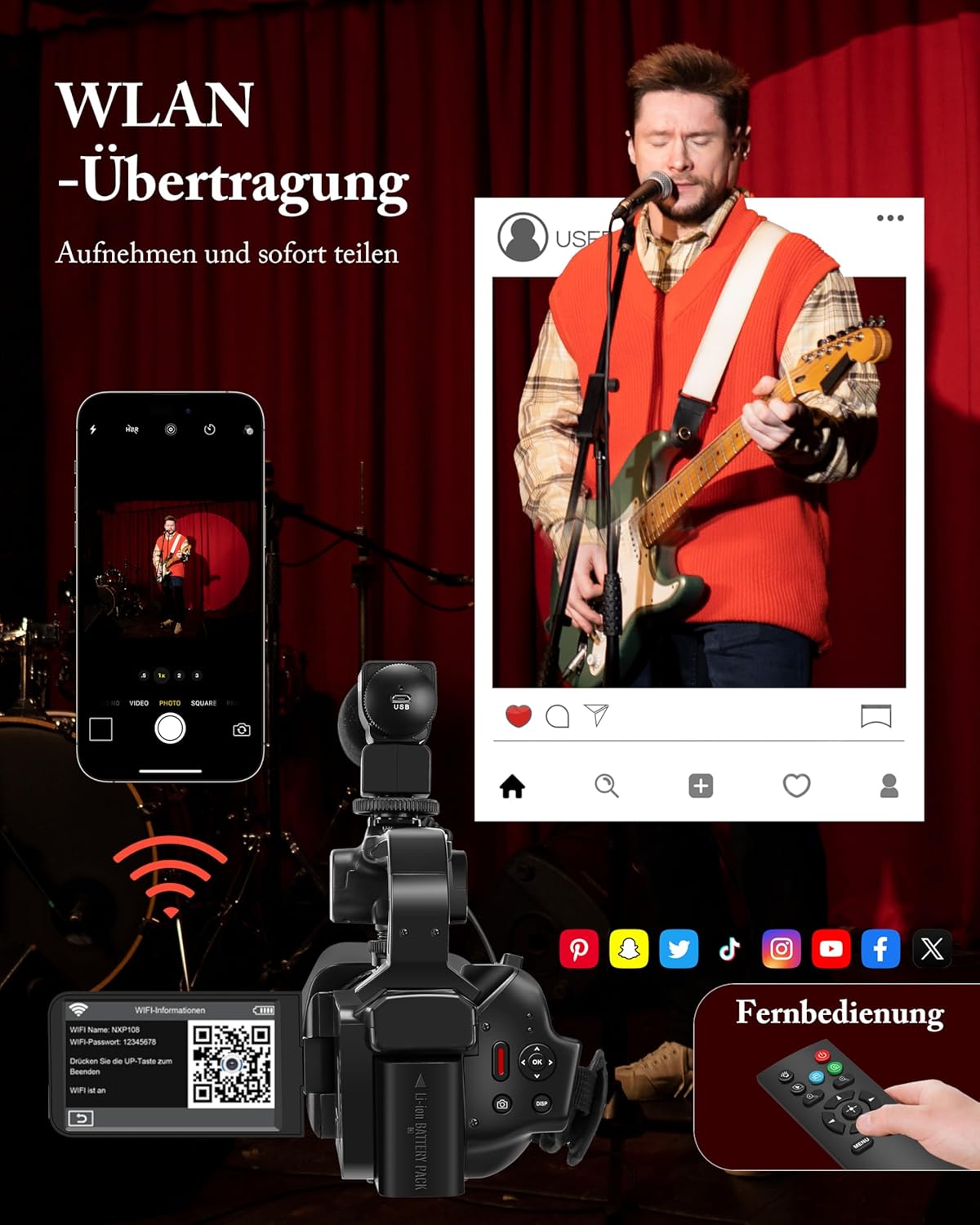 Videokamera mit Nachtsicht und Stabilisator, Schwarz
