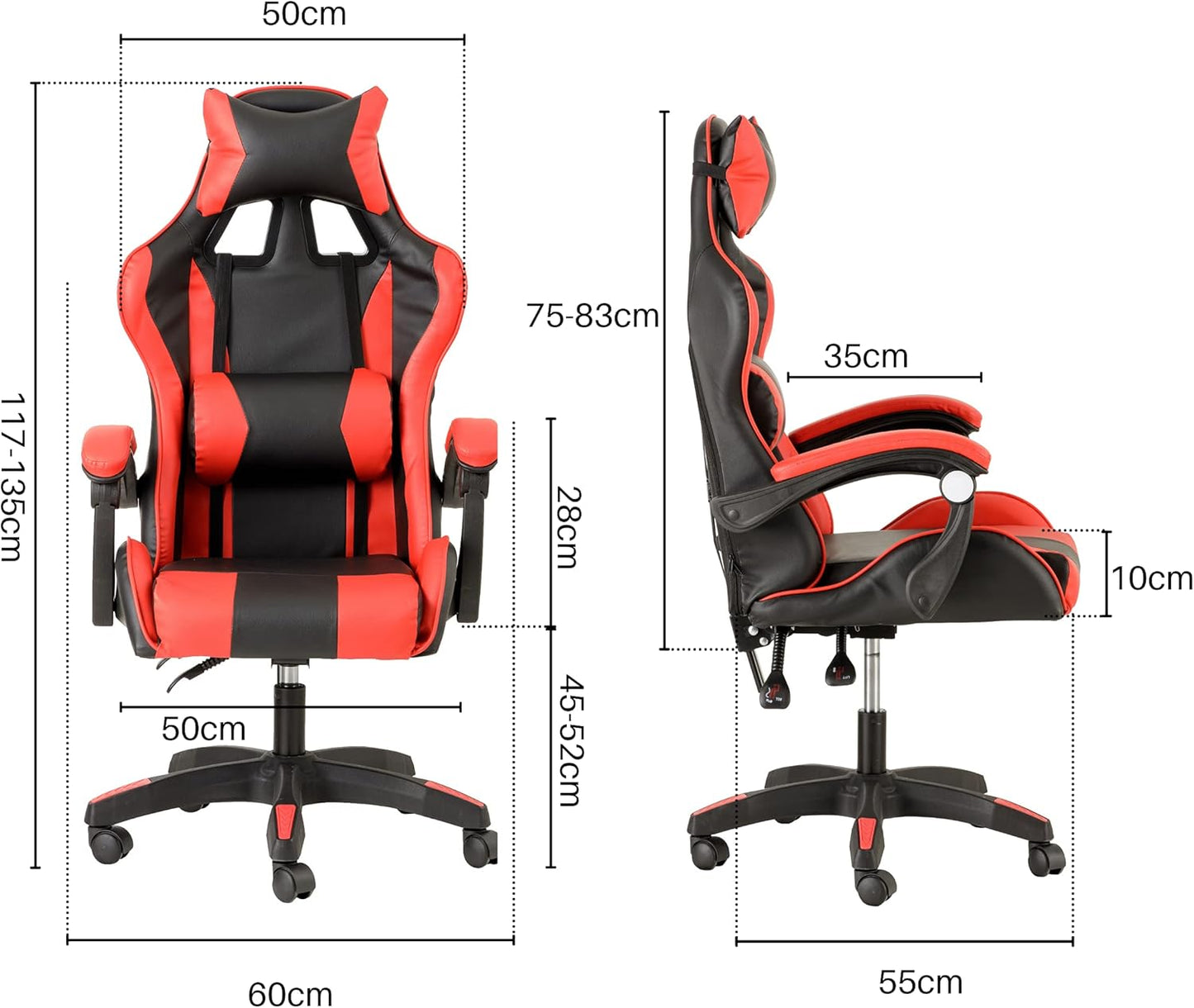 Ergonomischer Gaming-Stuhl HNR551 mit verstellbarer Rückenlehne, Rot
