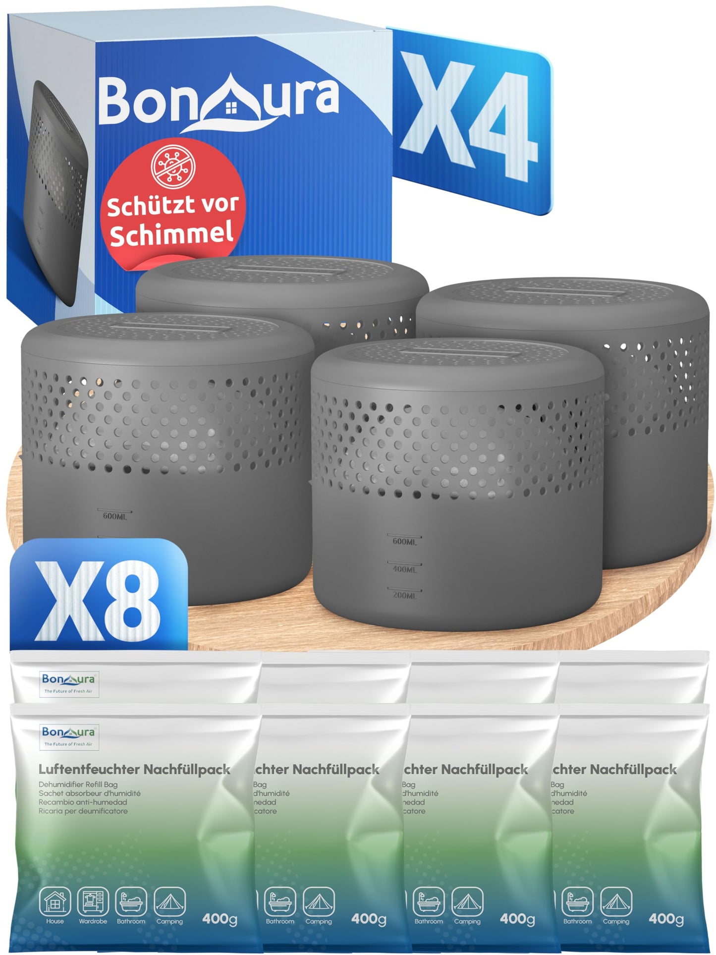 4-teiliges Luftentfeuchter-Set mit 8 Nachfüllpacks, AirOne Select, 4 X Entfeuchter + 8 X Granulat AirOne Select