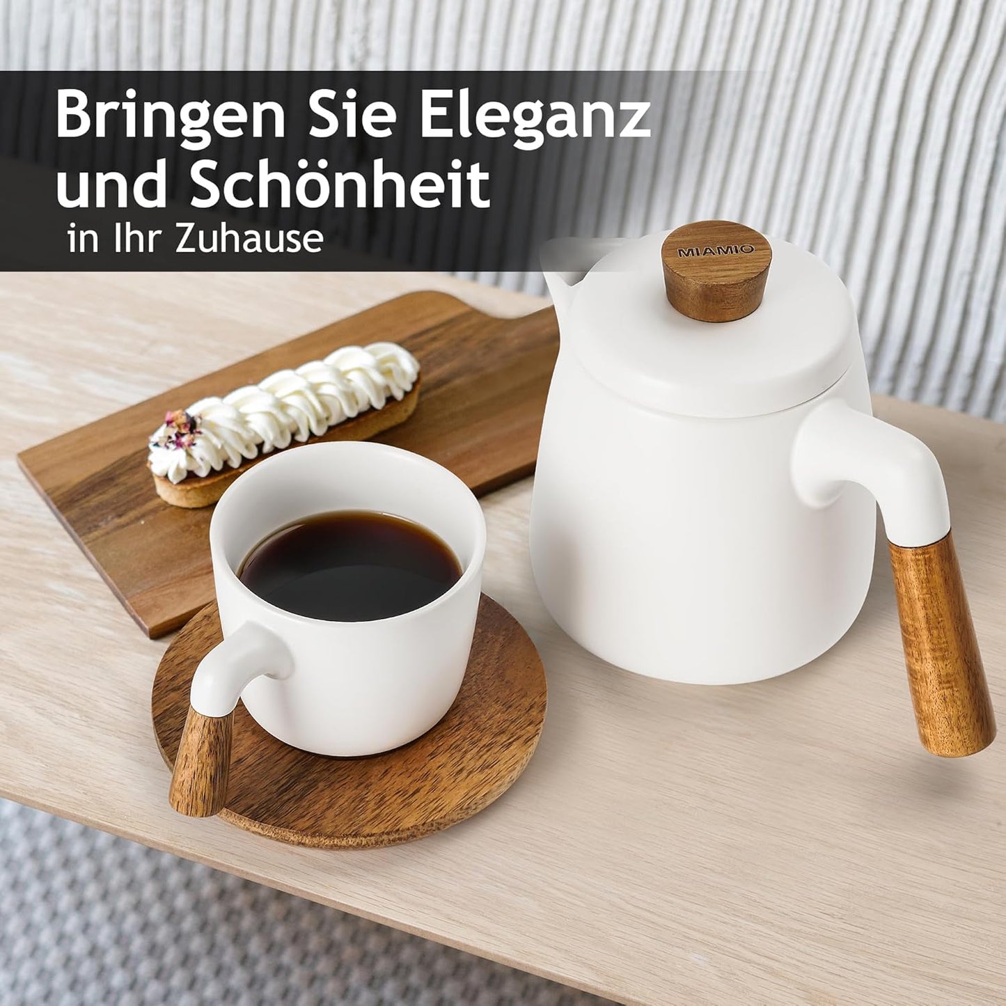 Teekanne mit 4 Teetassen und Untersetzern, Weiss