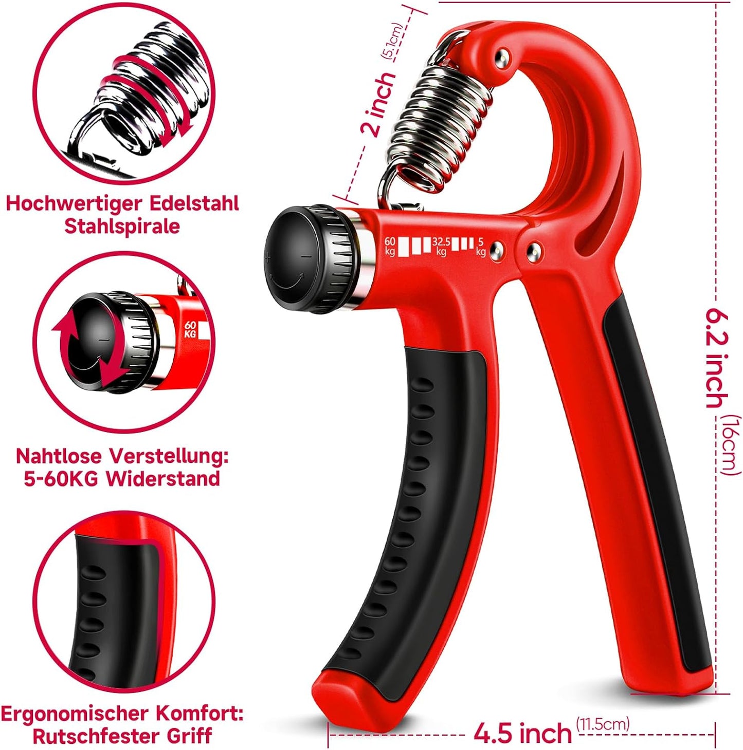 Handtrainer Set mit verstellbarem Grip (5-teilig), Rot