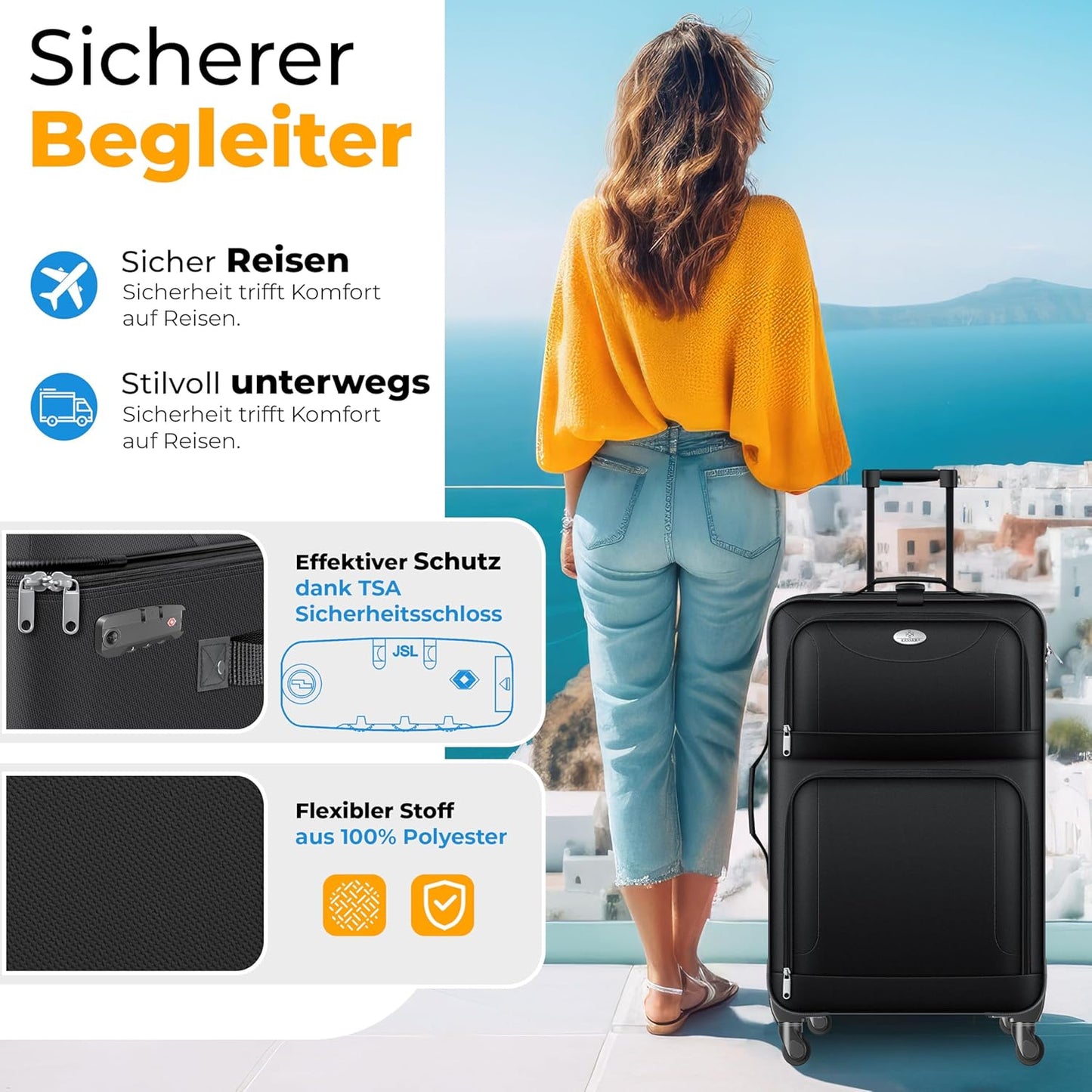 Reisekoffer Set 4-teilig mit TSA-Schloss & Rollen, Schwarz