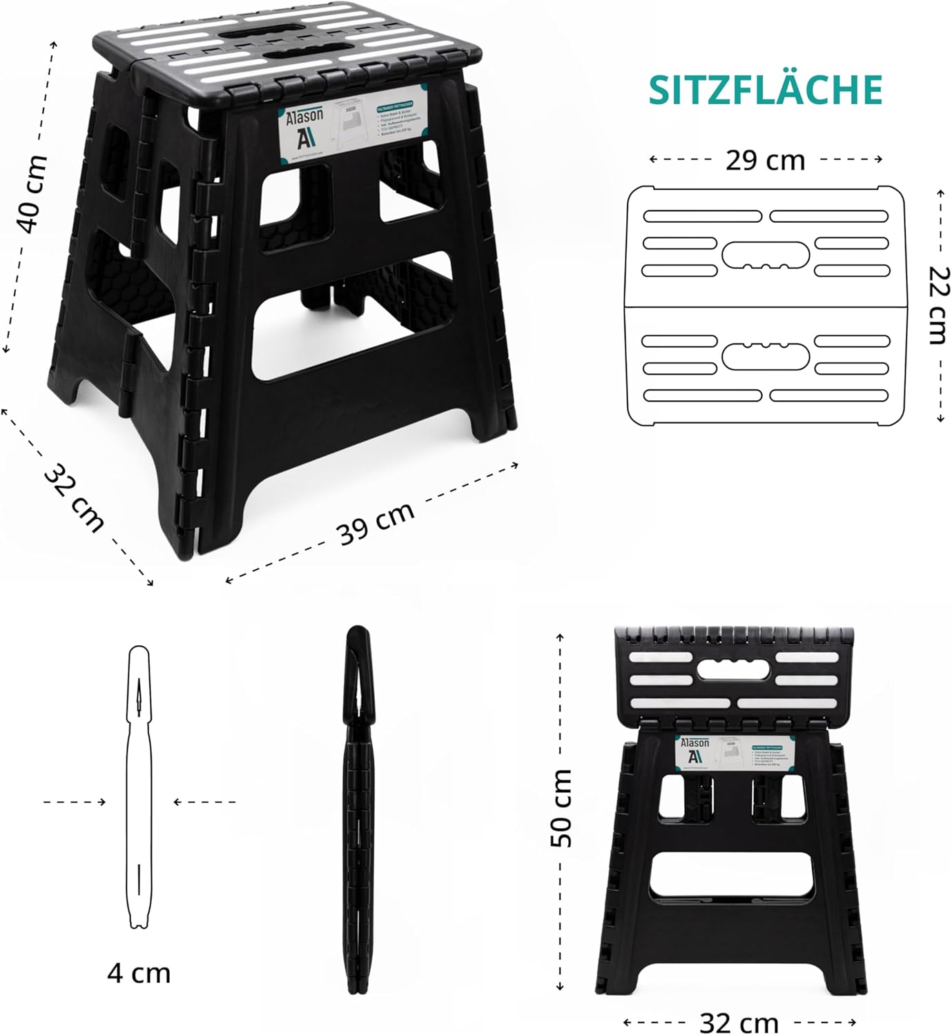 Klappbarer Tritthocker, Anthrazit/Schwarz, 39cm Hoch