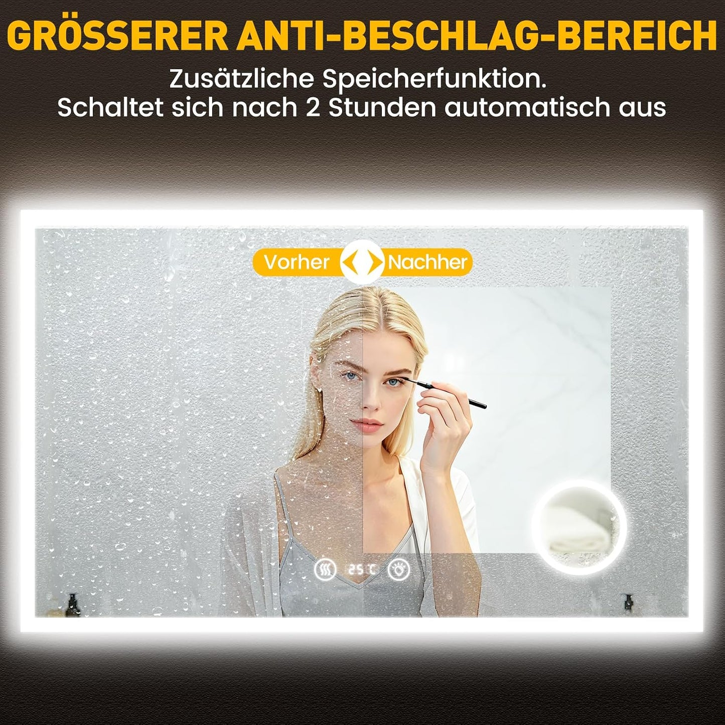 LED-Badspiegel mit Uhr und Schminkspiegel, 60L x 100B cm mit Uhr