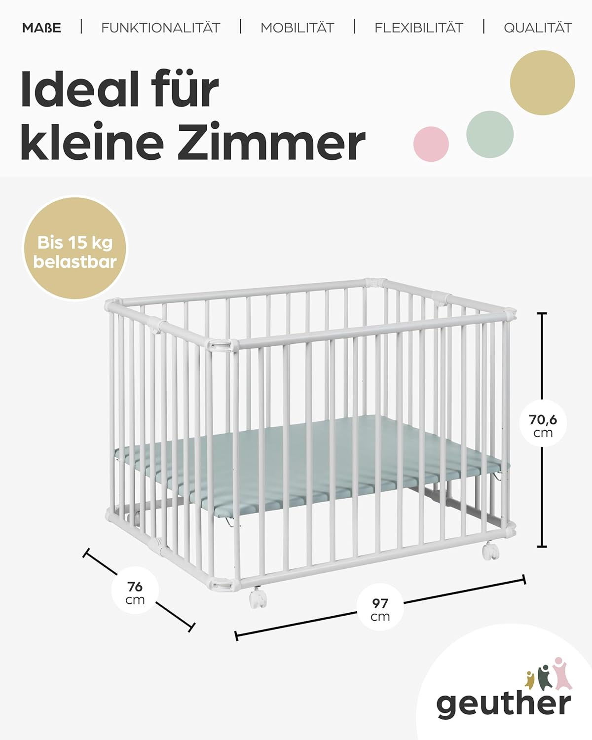 Höhenverstellbares Baby-Laufgitter Lucilee, Mint 76 cm x 97 cm Weiss