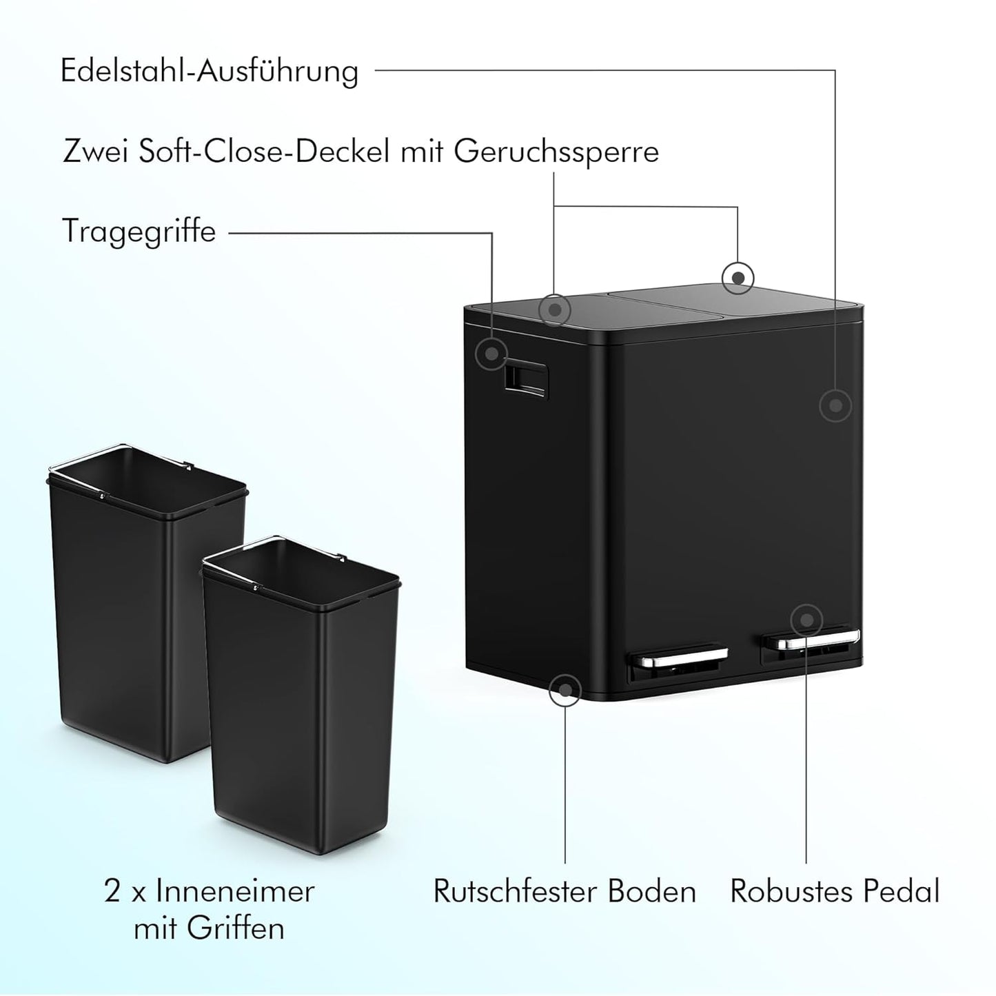 Rutschfester Doppelmülleimer, Schwarz 30L (2x15L)