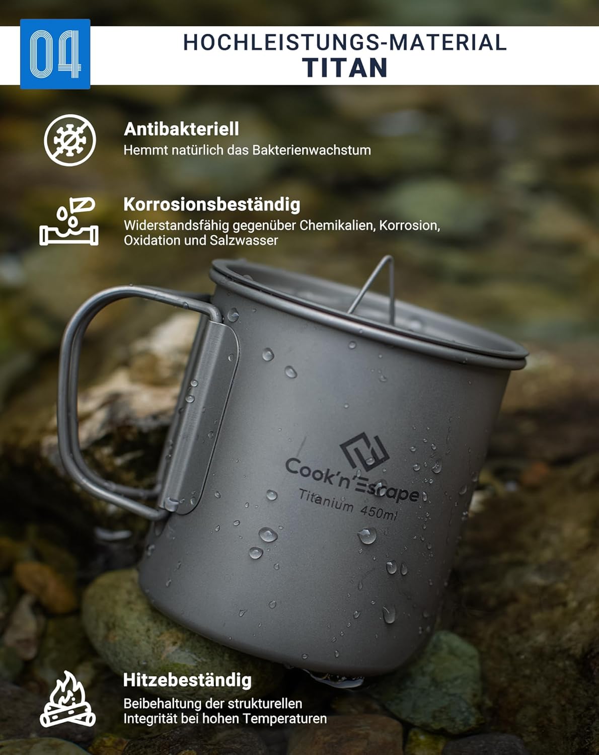 Camping Tasse mit Deckel und faltbarem Griff, 450ml Becher