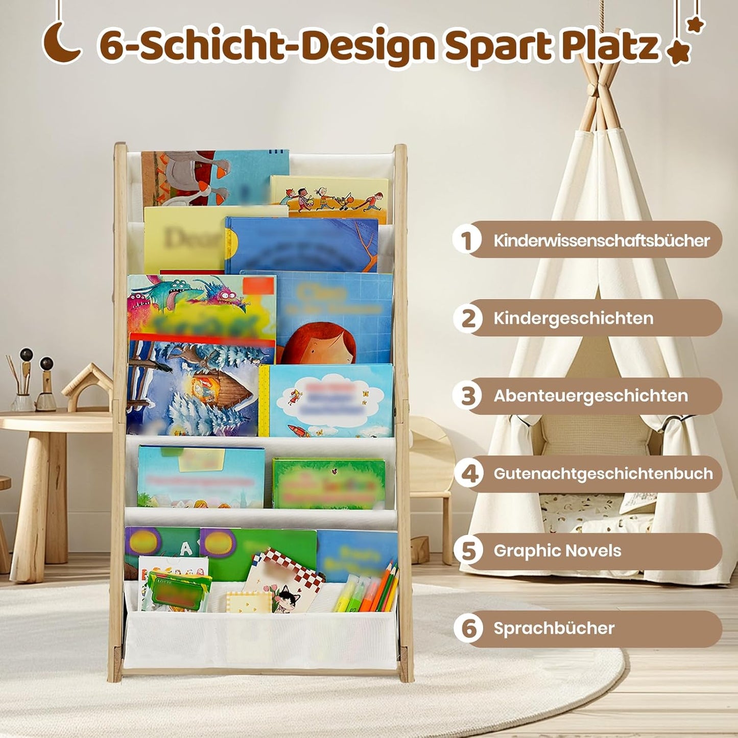 Kinder-Bücherregal mit 6 Stofffächern, platzsparend, Naturholzfarbe Medium