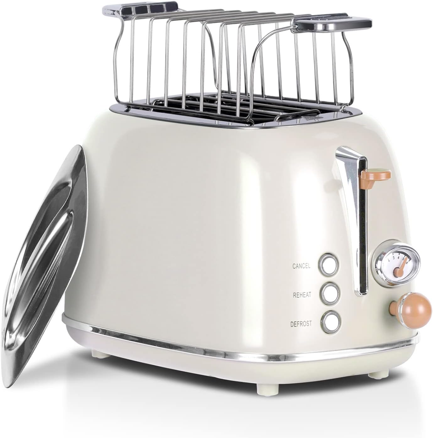 Retro Toaster mit Brötchenaufsatz und Countdown-Anzeige, Milchig Weiss