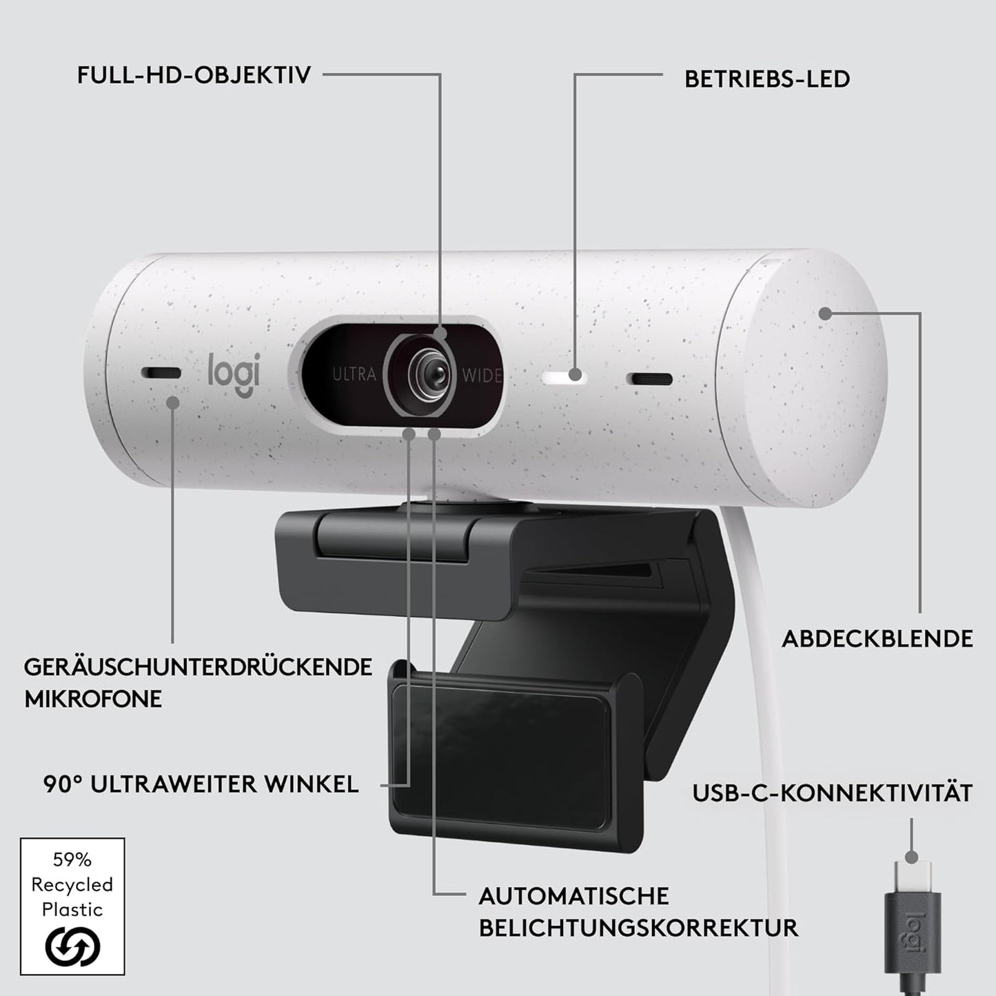 Brio 500 Webcam mit Auto-Lichtkorrektur, Weiß Webcam