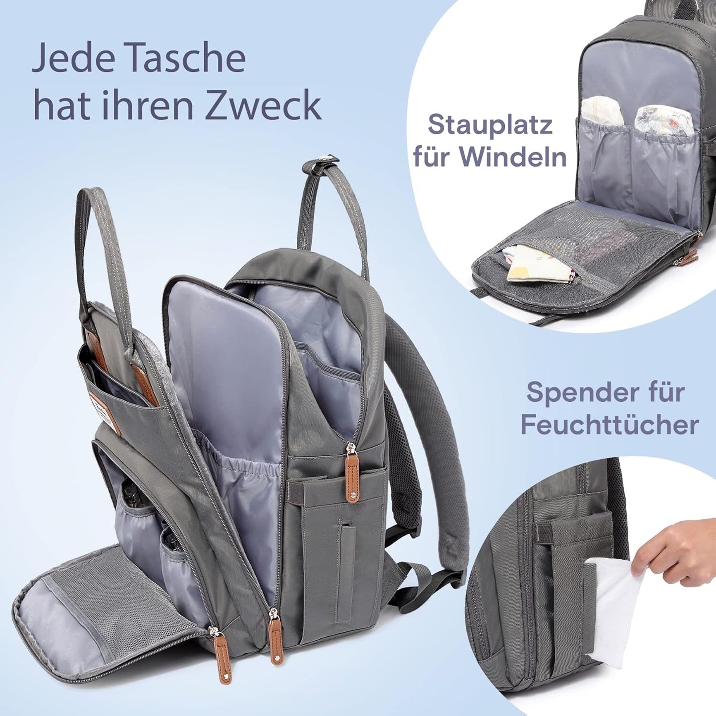 Wickelrucksack mit Wickelunterlage, Dunkelgrau