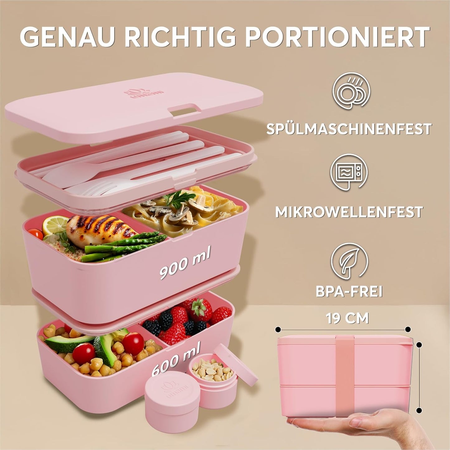 Auslaufsichere Bento Lunchbox mit Besteck & Fächern, Korallenrosa L - 1500 ml