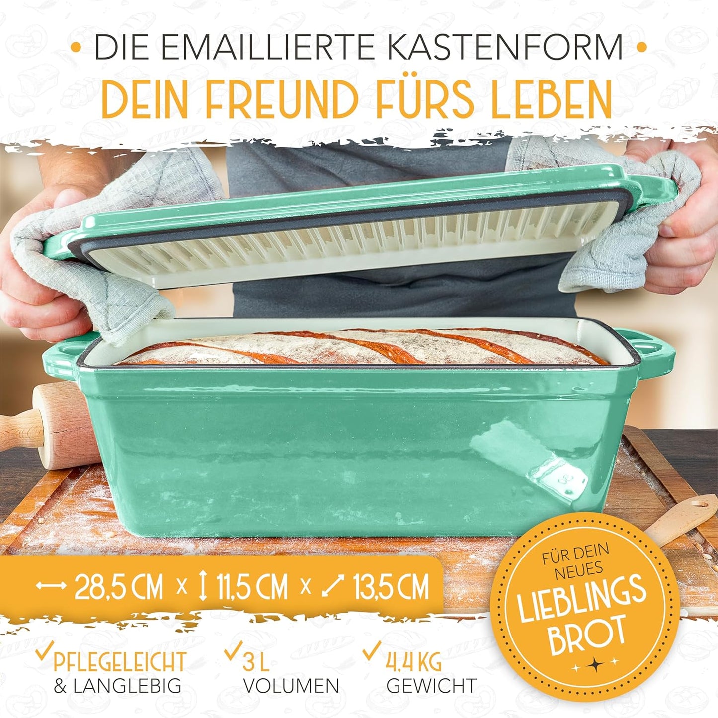 Brotbackfrom mit Deckel inkl. Gärkorb, Mintgrün Kastenform
