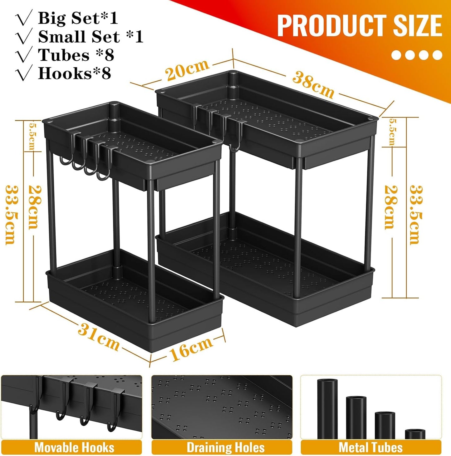 2er-Set Schrank-Organizer mit 8 Haken, Schwarz,2 Stück