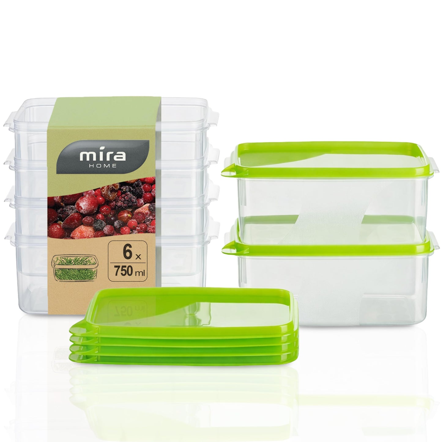 6-teiliges Gefrierdosen-Set, 0,75l Rechteckig Hoch (6 Stk)