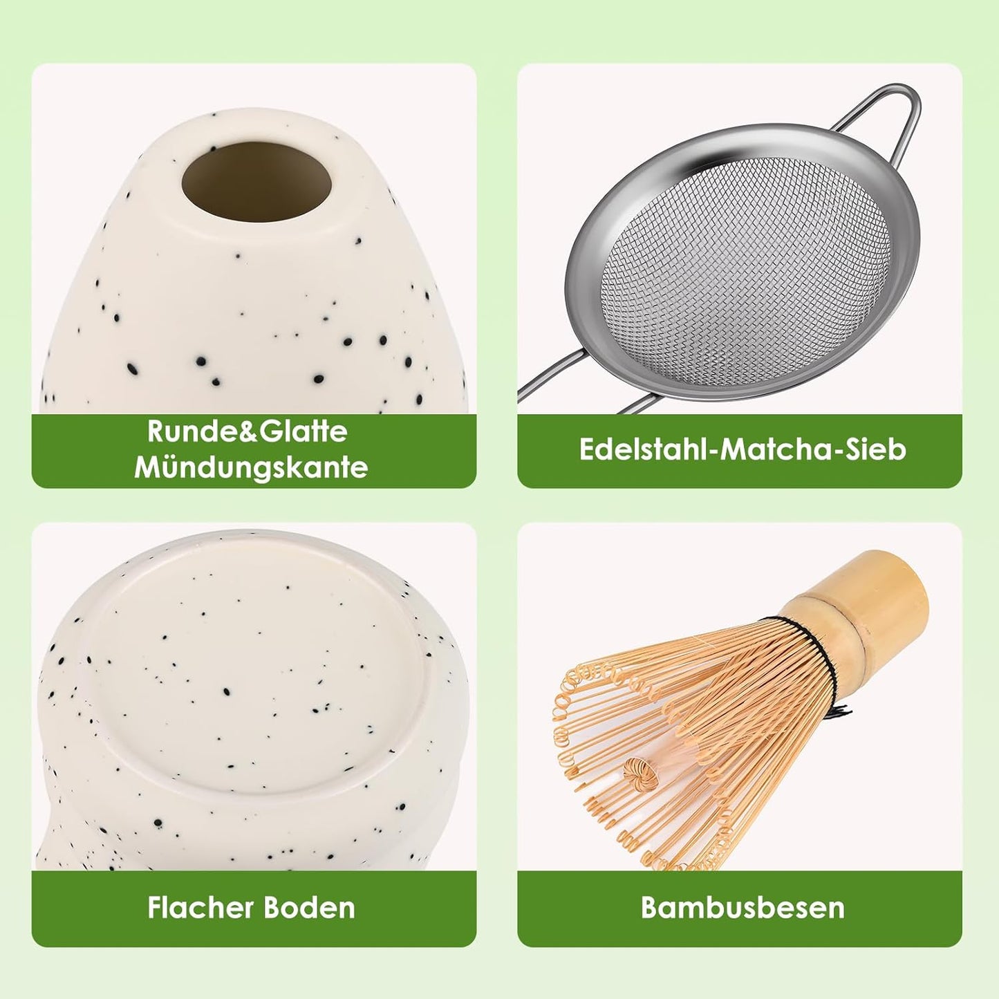 5-teiliges Matcha Tee Set mit Schale und Bambusbesen