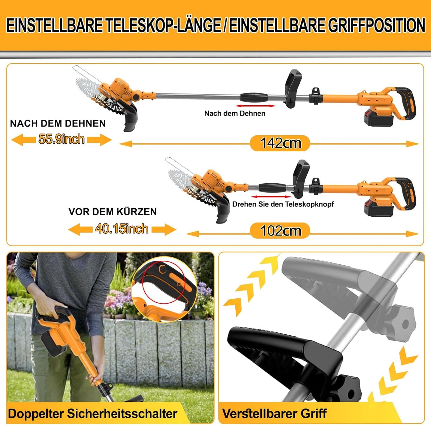 4-in-1 Akku-Rasentrimmer mit Unkrautbürste, orange