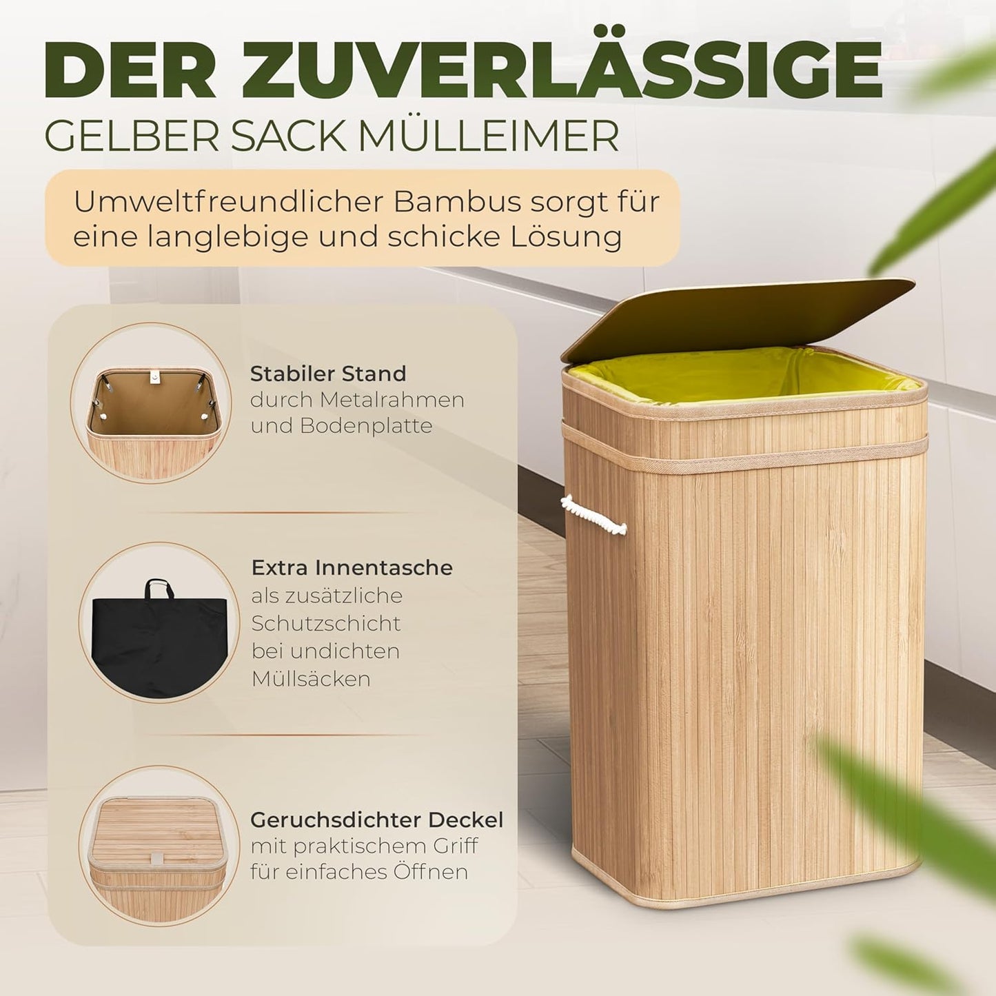 Müllsackständer aus Bambus mit Innentasche, 60L, Hellbraun