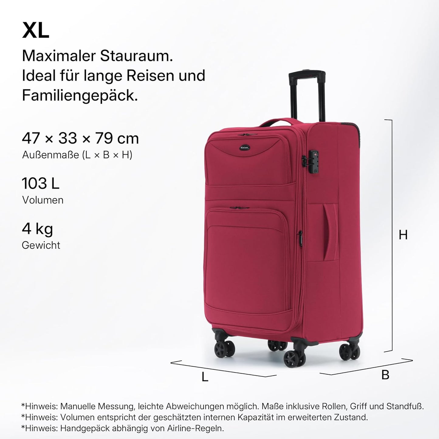 Stoffkoffer mit TSA-Schloss, Weinrot Koffer XL (79 cm) erweiterbar