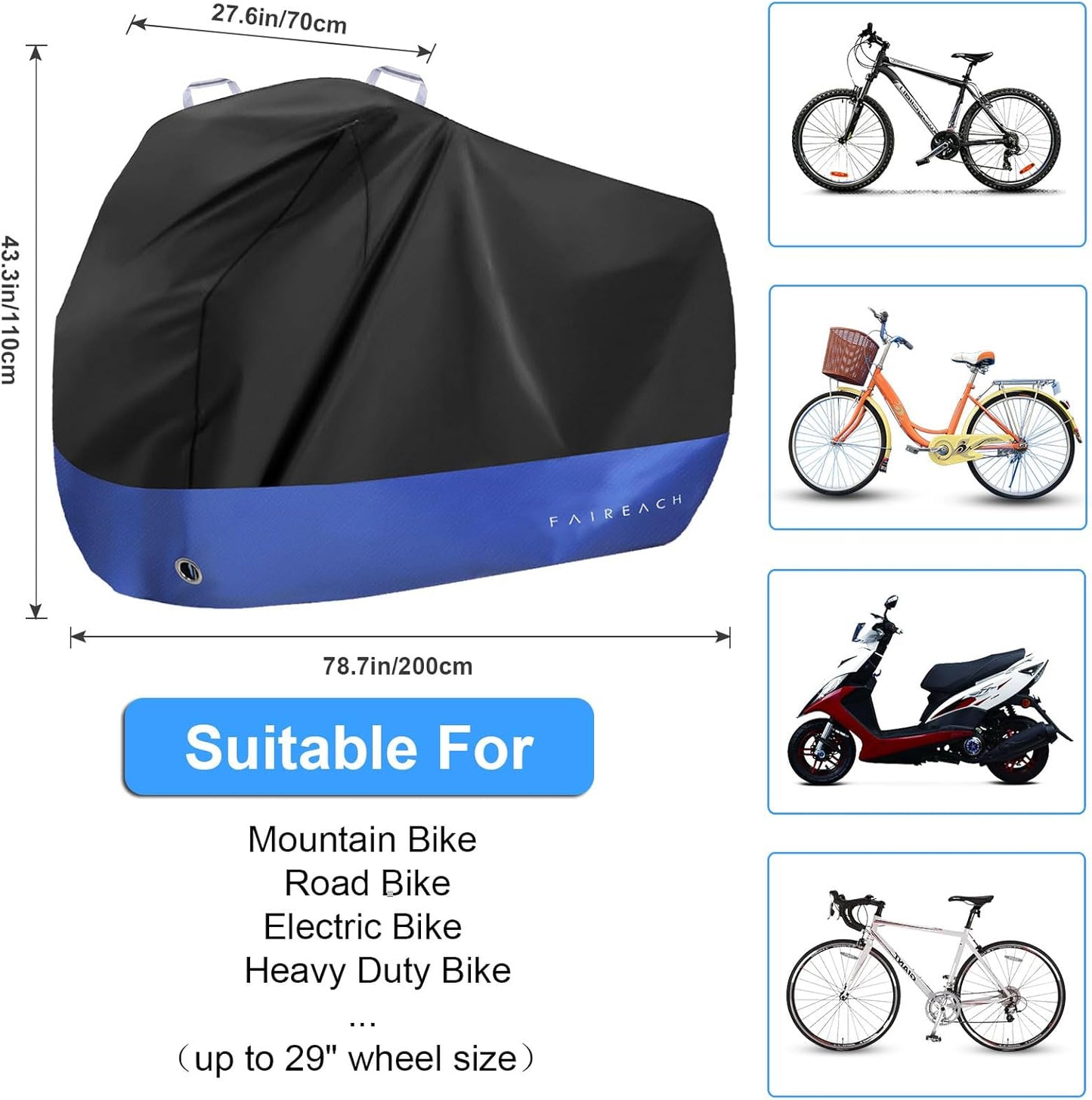 Wasserdichte Veloabdeckung mit Schlosslöchern, Schwarz+Blau für 1 Fahrrad