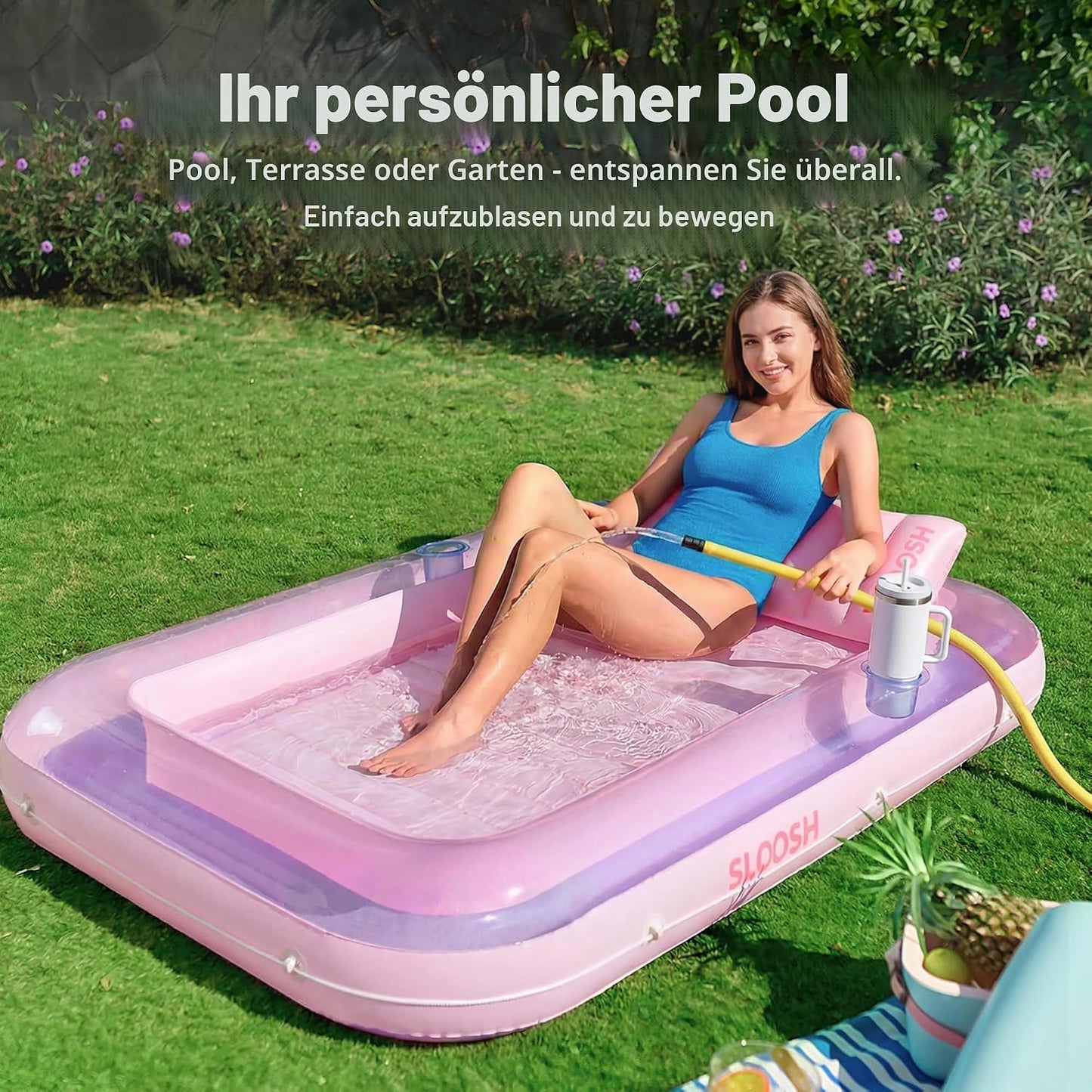 Aufblasbarer Sonnenpool mit abnehmbarem Kissen und Getränkehalter, Lila-Pink L