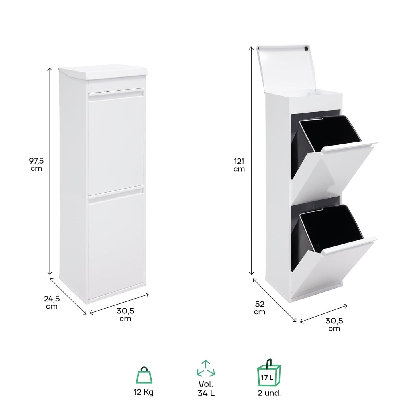 Mülltrennsystem mit 2 Fächern, Weiß Top - Mit Aufbewahrungsbox