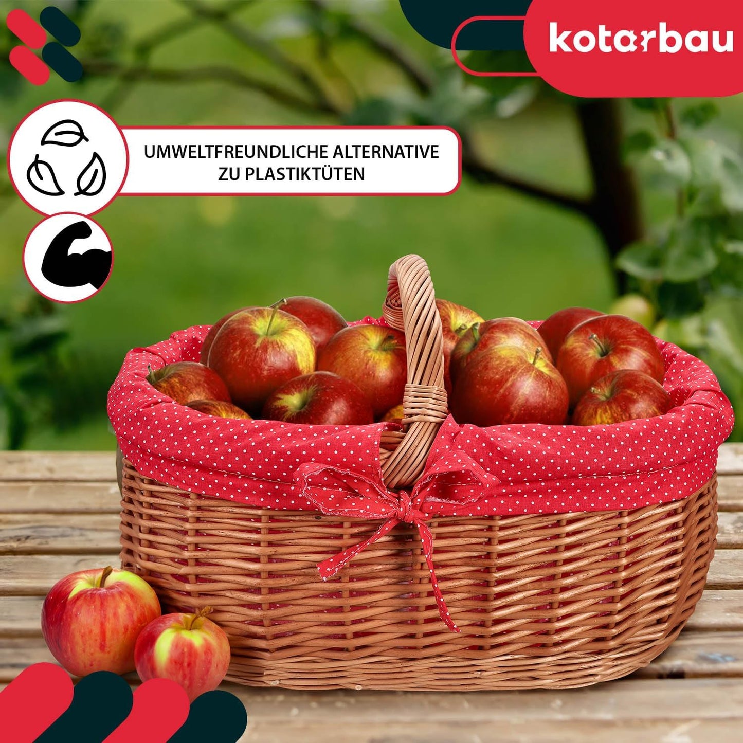 Grosser Weidenkorb mit Henkel und Stoffeinlage, Rot
