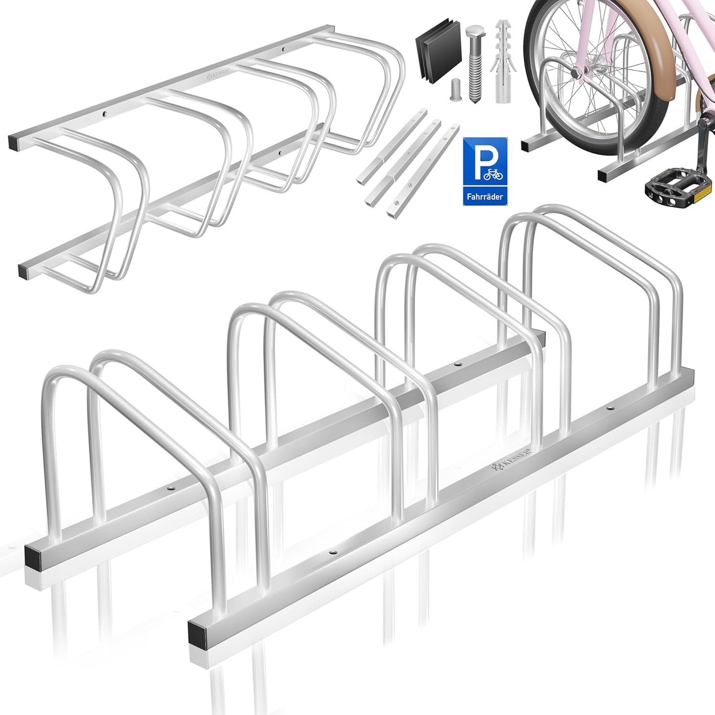 Veloständer für 4 Räder mit Parkschild, Silber / 4 Fahrräder