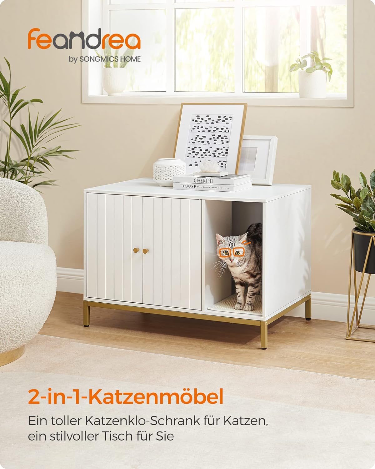 Katzentoiletten-Schrank, 80 x 50 x 55 cm Weiß + Goldfarben