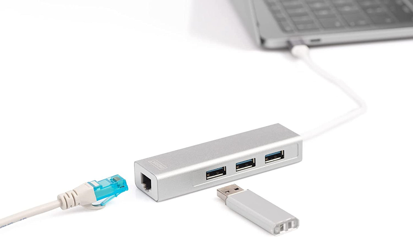 USB 3.2 Gen 1 Multiport-Hub, USB-C Stecker > 3x USB-A Buchse + RJ-45 Buchse, USB-Hub, USB 3.0 Typ-C HUB inkl. Gbit Ethernet Port