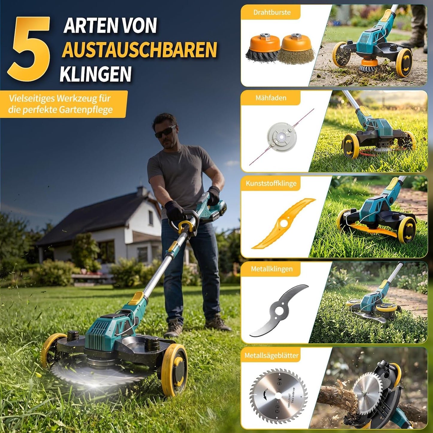 5 in 1 Akku-Rasentrimmer mit Unkrautbürste, Blau