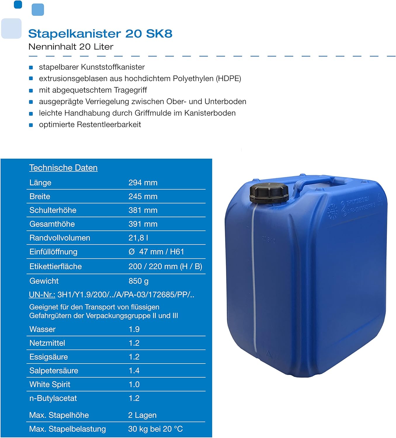 6er-Set Wasserkanister 20 L mit Auslaufhahn und SIchtstreifen