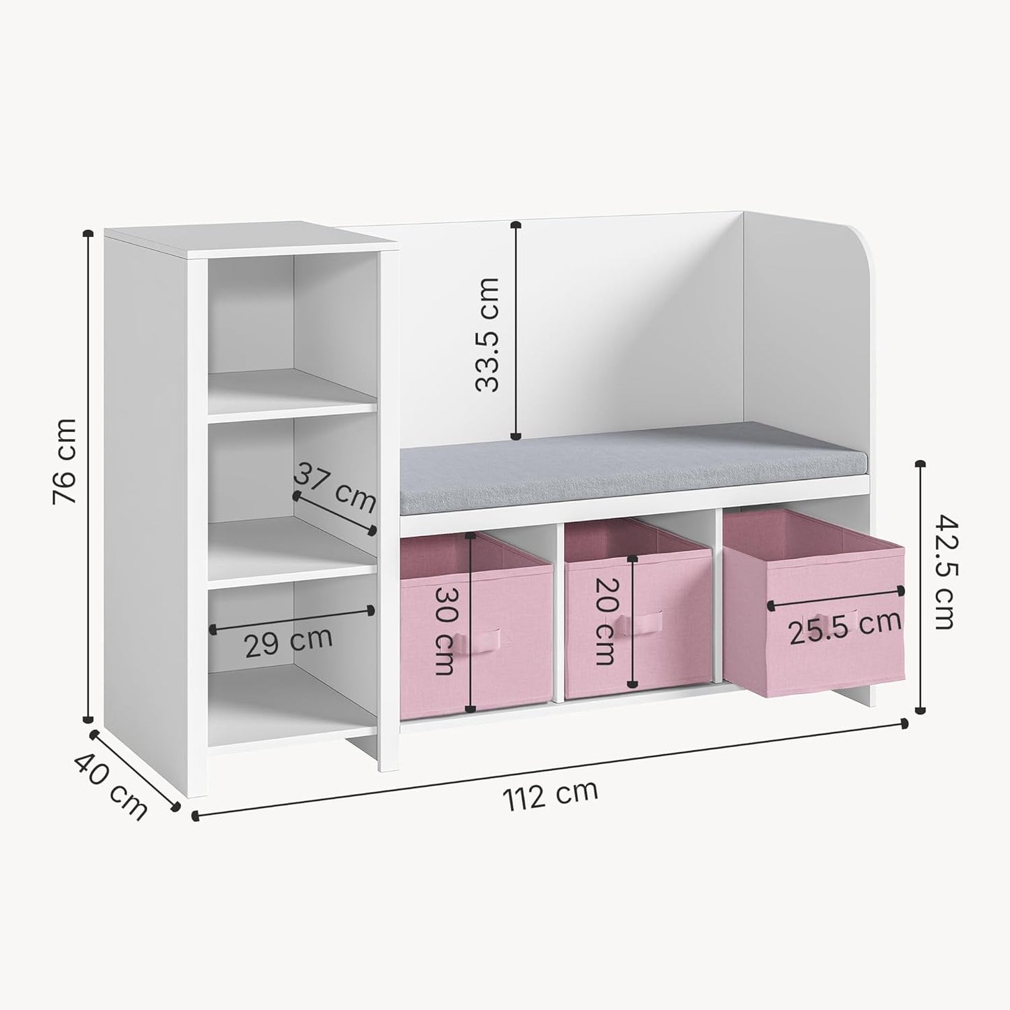 Kinderregal mit Sitzbank und Aufbewahrungsboxen, Weiss / Rosa