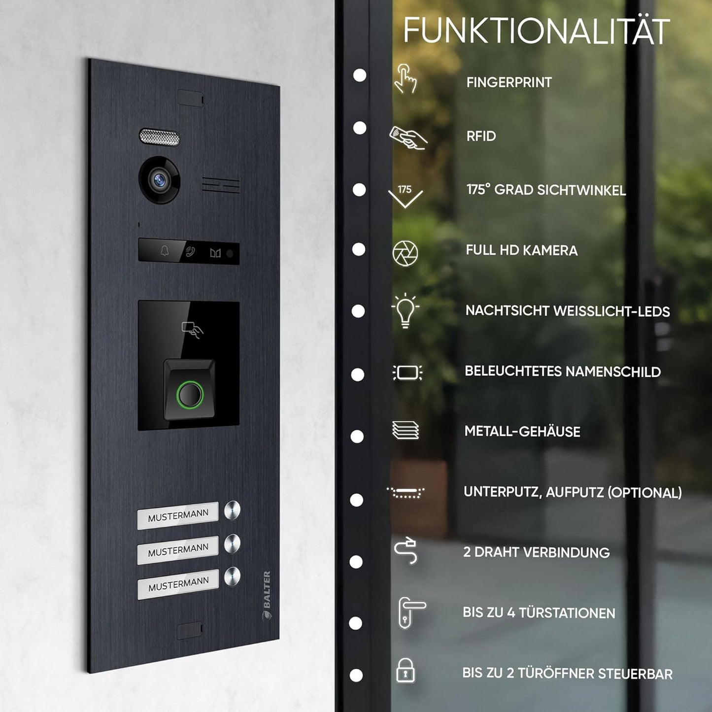 EVO-HD Video Türsprechanlage mit Fingerprint, für 3-Familienhaus, App, 3 Monitore, Mit App B. Schwarz/Weiss
