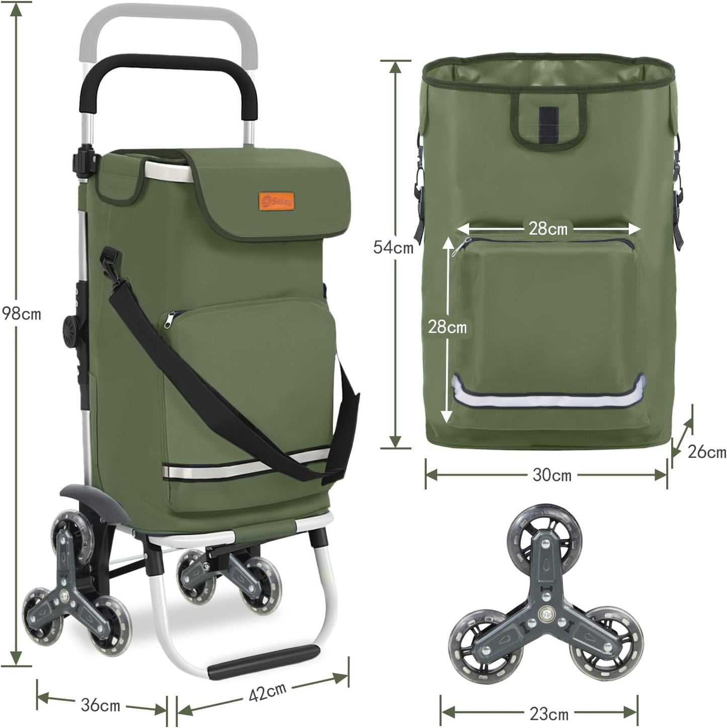 3in1 Treppensteiger Einkaufstrolley mit Kühlfach, Olivgrün