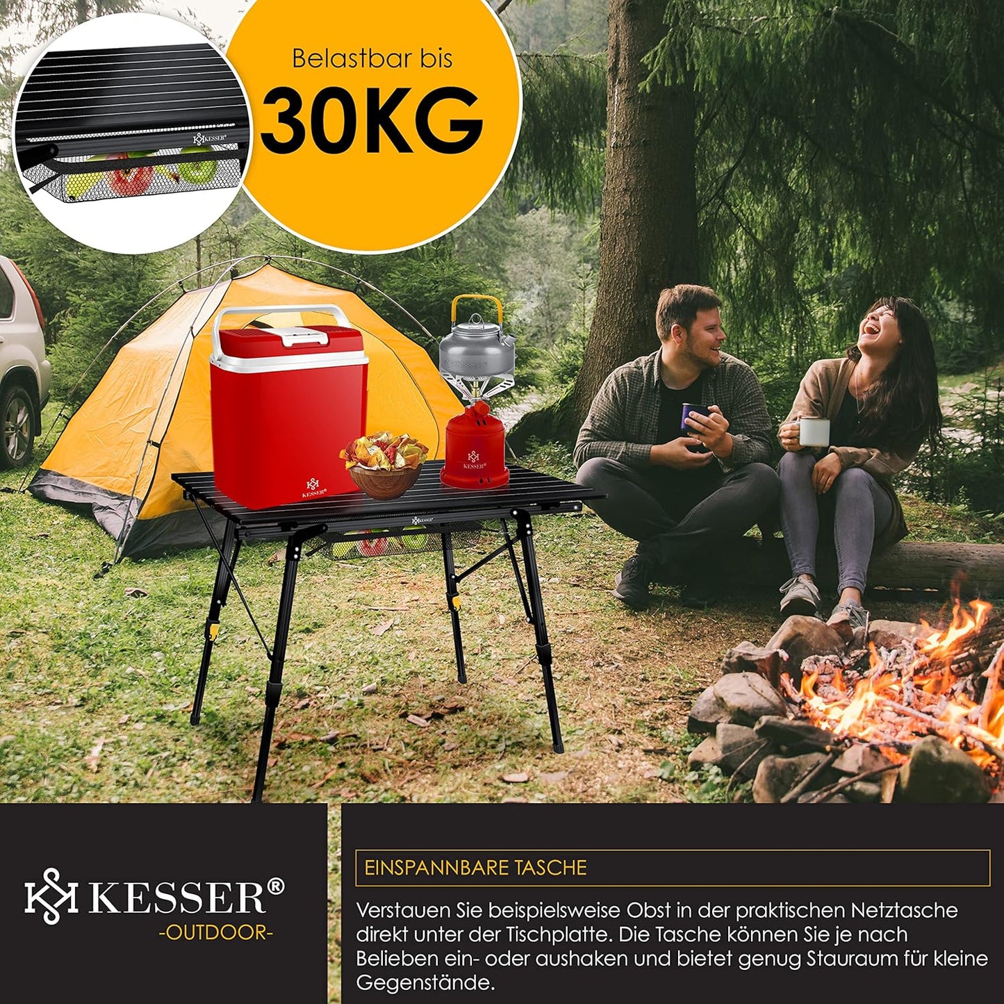 Faltbarer Campingtisch mit Aluminiumrahmen, 90 cm x 53 cm Schwarz