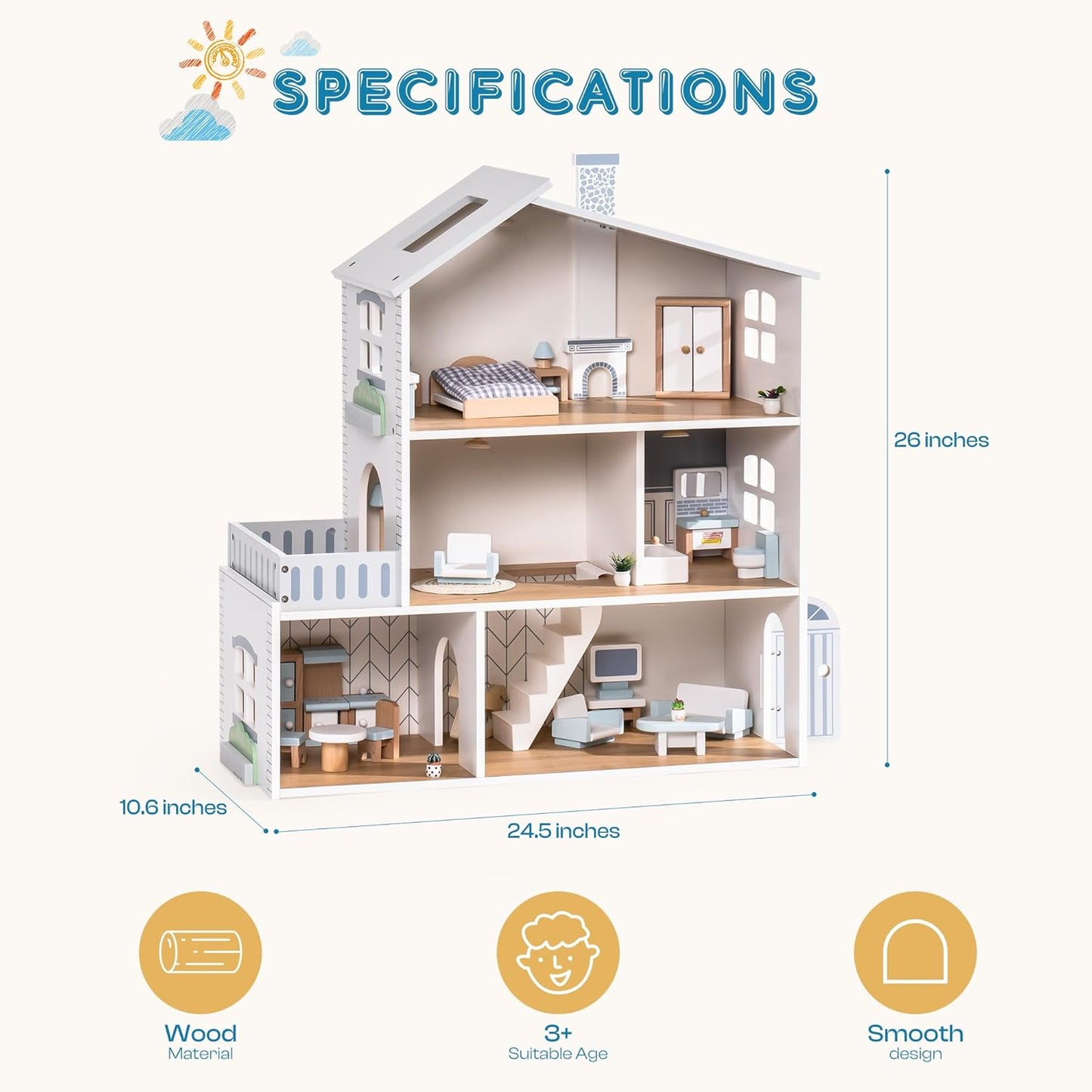 Möbiliertes Puppenhaus mit Lichtern und 3 Etagen, Modern