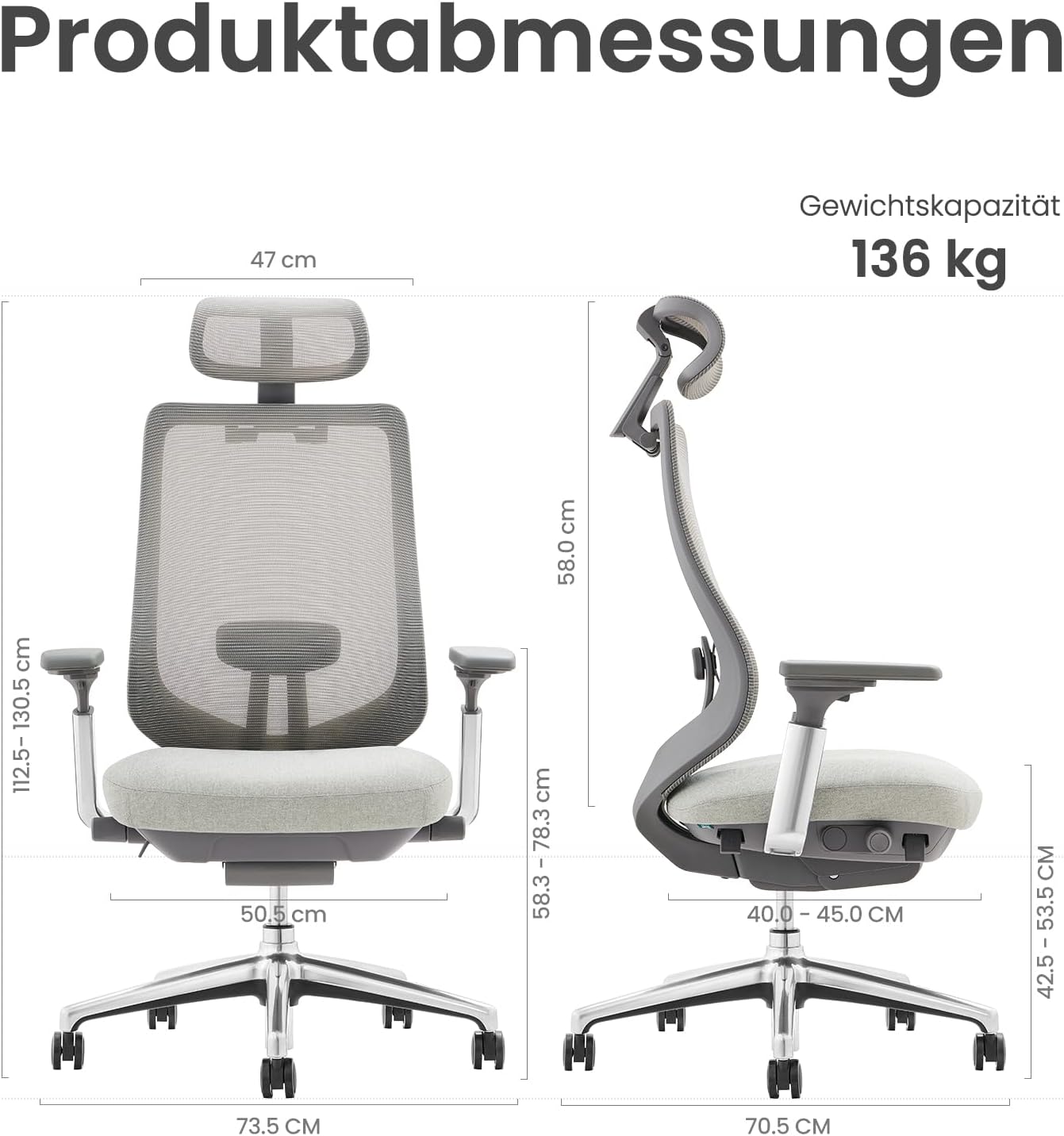 Ergonomischer Bürostuhl, Hellgrau Aluminium Basis