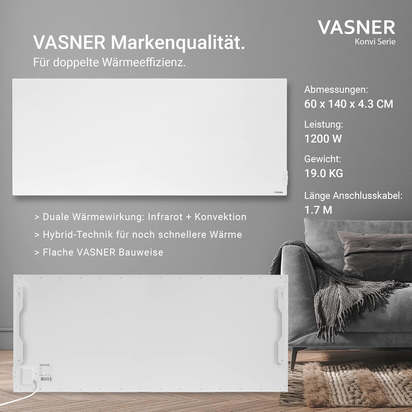 Konvi Infrarotheizung mit Thermostat, 1200 Watt